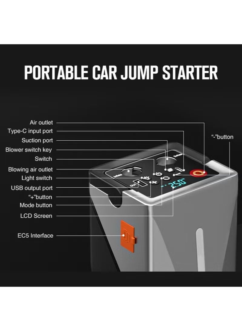 Car Jump Starter 1000A 12000mAh 14.8V with 150PSI Air Compressor & Electric Air Blower – Multi-Function Smart Booster for 3L Diesel & Petrol Cars with LCD Display & Emergency Light - Image 4